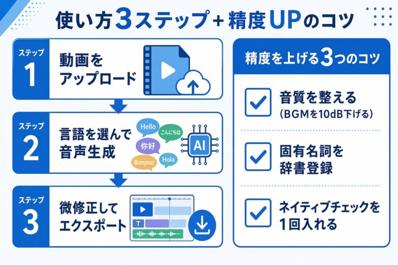 AI吹き替えの使い方3ステップと精度を上げるコツ