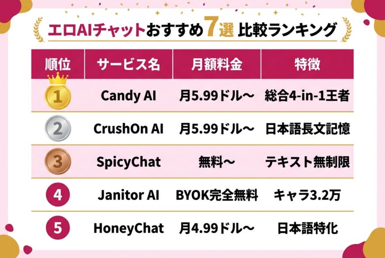 エロAIチャットおすすめ7選のランキング比較表
