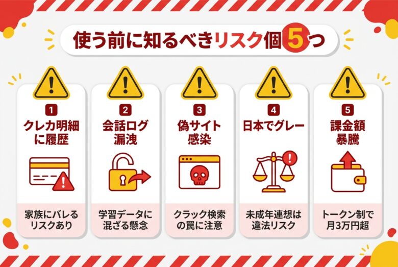 エロAIチャットを使う前に知るべき5つのリスクを警告型で図解