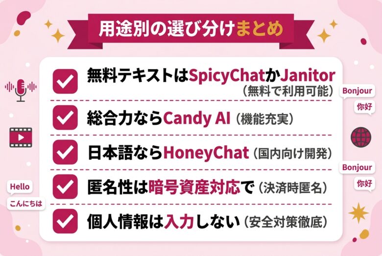 エロAIチャットおすすめ7選の用途別選び分けまとめチェックリスト