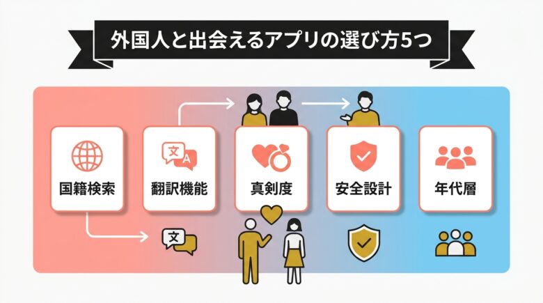 外国人と出会えるアプリの選び方5つのポイントを解説する図解