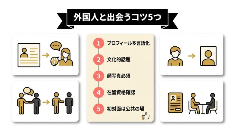 外国人と出会うコツ5ステップを解説するフロー図