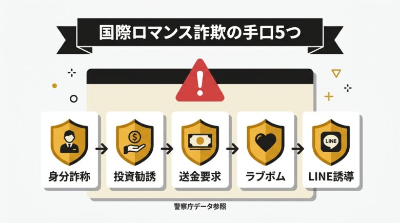 国際ロマンス詐欺の手口5つを警告型で解説する図解
