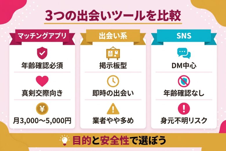ゲイの出会いアプリ・マッチングアプリと出会い系とSNSの違いを比較する図解