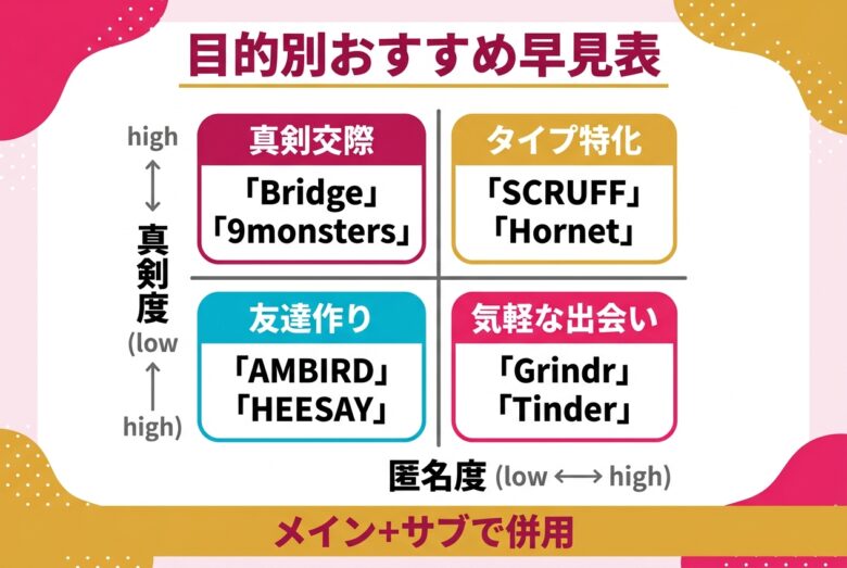 目的別おすすめゲイ出会いアプリの早見表マトリクス