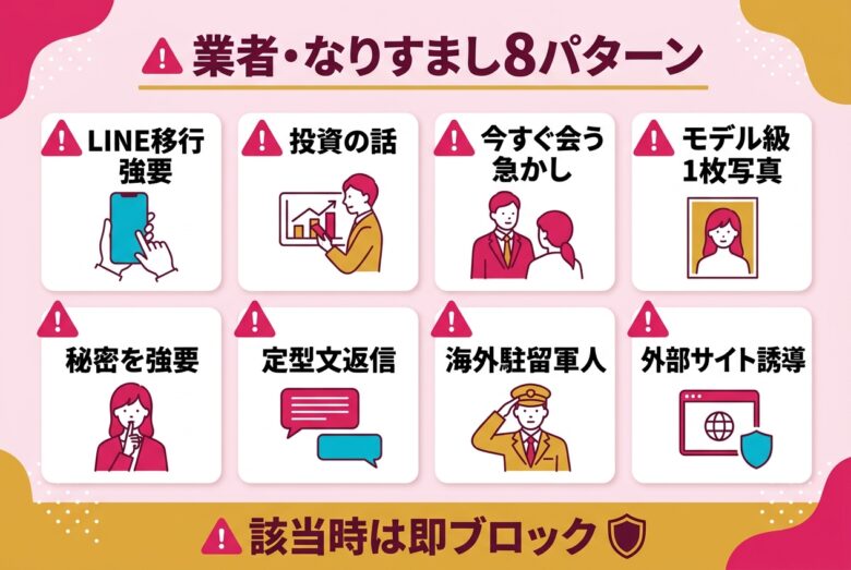 ゲイ出会いアプリで業者・なりすましを見抜く8パターンの図解