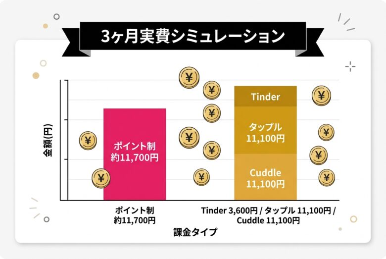 セフレアプリ料金3ヶ月実費比較グラフ