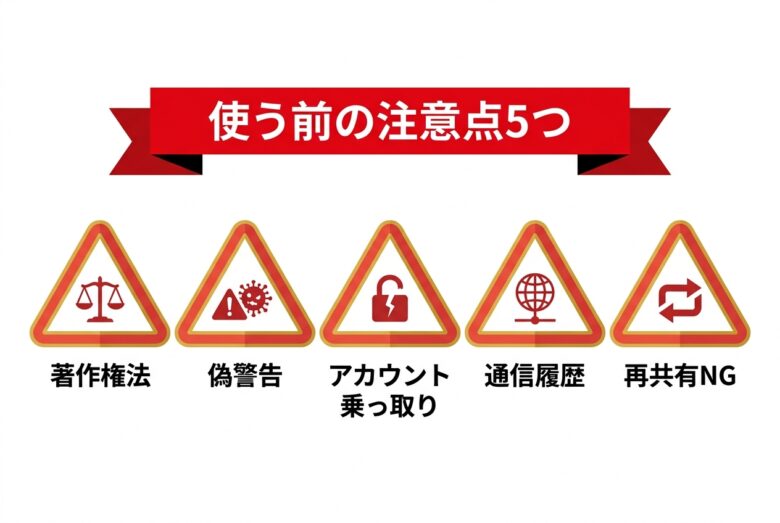 Twitter動画保存サイトを使う前の注意点5つを示す警告アイコン