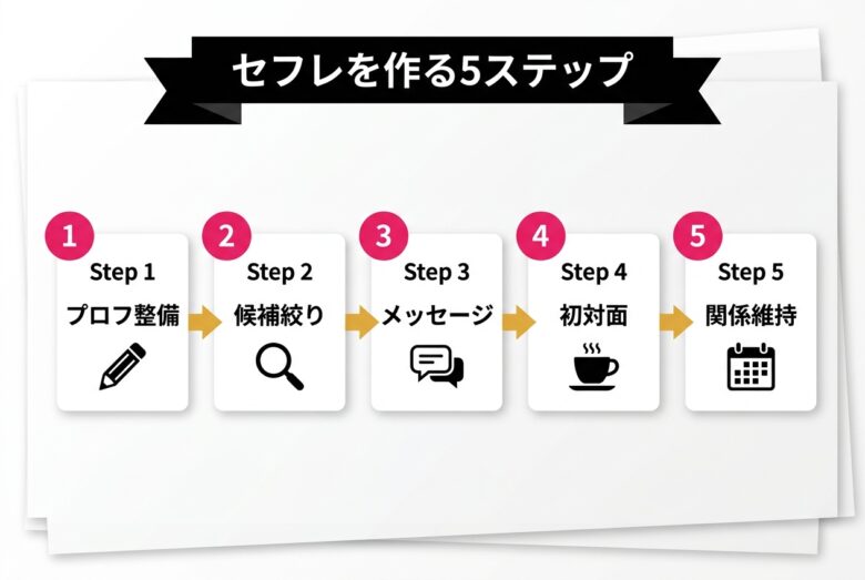 セフレアプリでセフレを作る5ステップフロー図