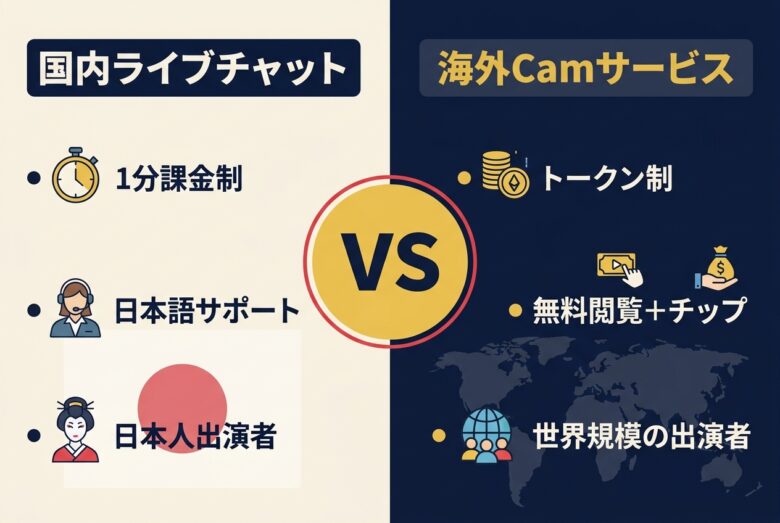 海外アダルトライブチャットと国内サービスの違いを示す比較図