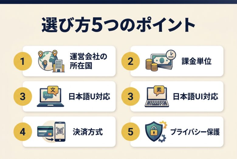 海外アダルトライブチャットの選び方5つのポイント図解
