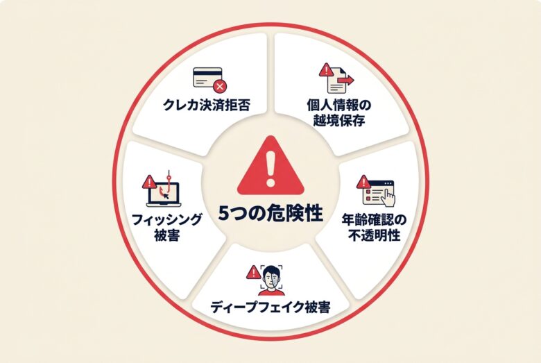 海外アダルトライブチャットの5つの危険性を示す警告図解