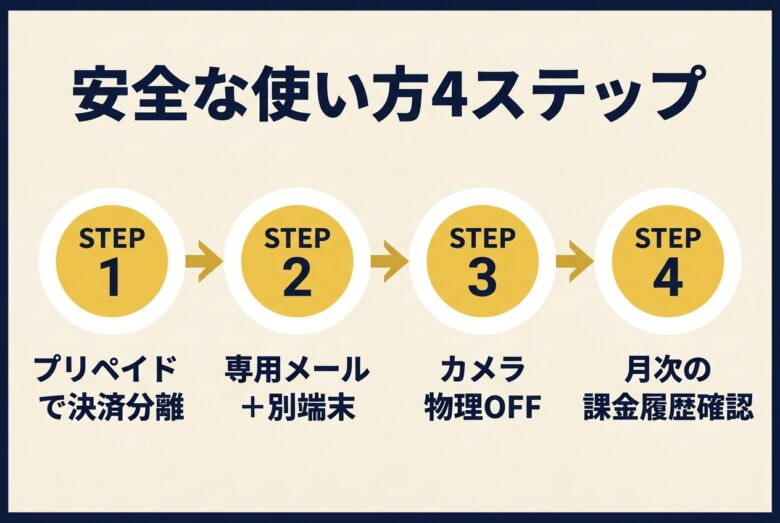 海外アダルトライブチャットを安全に使う4ステップの手順図