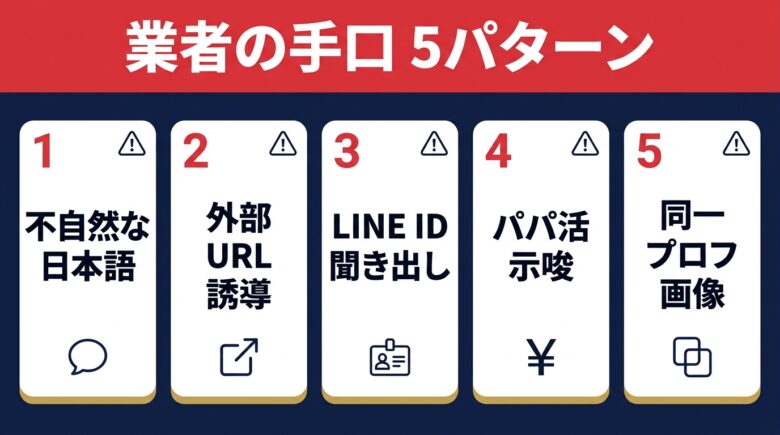 きいろチャットの業者誘導5パターンを警告型グリッドで図解