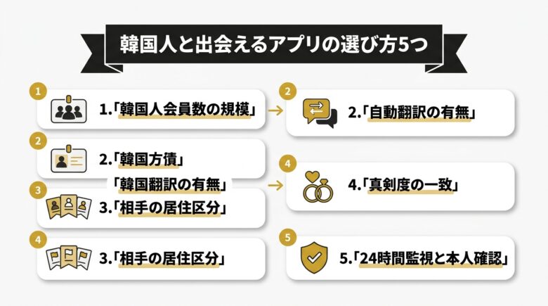 韓国人と出会えるアプリの選び方5つのポイントを解説する図解