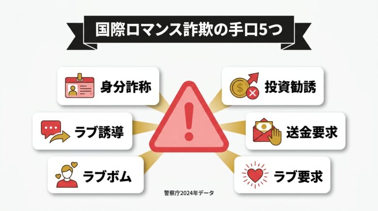国際ロマンス詐欺の手口5つを警告型で解説する図解