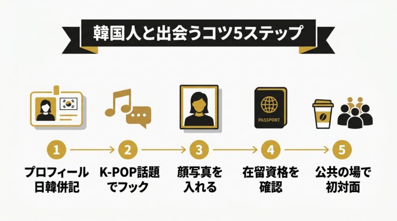 韓国人と出会うコツ5ステップを解説するフロー図