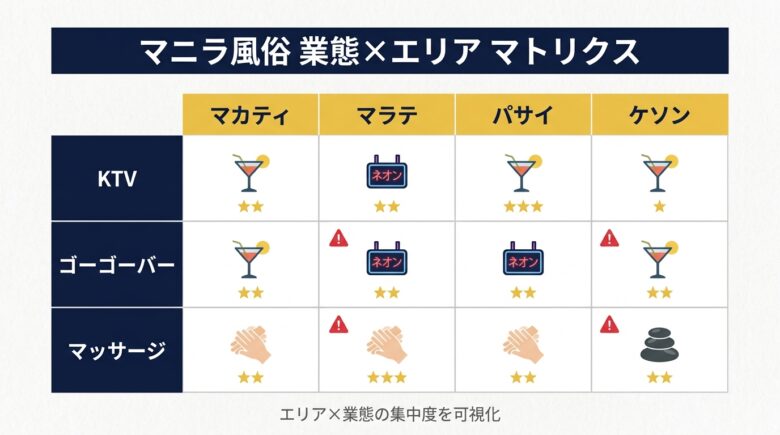 マニラ風俗の全体像 業態×エリア マトリクス図解