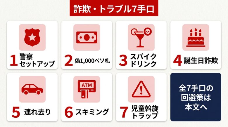 マニラ風俗の詐欺・トラブル7手口 警告アイコングリッド