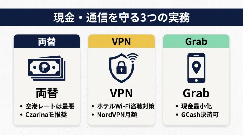 マニラ風俗で現金・通信を守る実務 両替・VPN・Grab活用