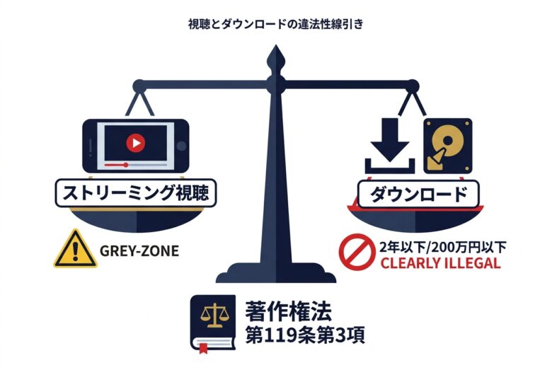 MyFans流出動画の視聴とダウンロードの違法性線引き図解