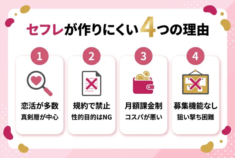 ペアーズでセフレが作りにくい4つの理由の図解