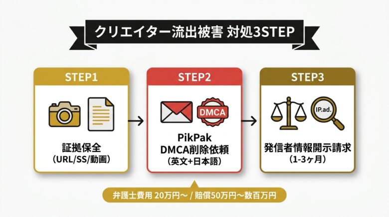 MyFansクリエイター流出被害の削除依頼・開示請求3ステップ図解