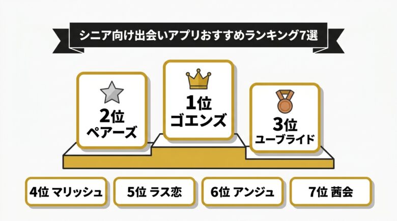 シニア向け出会いアプリおすすめランキング7選のポディウム図解