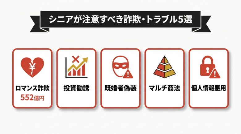 シニアが注意すべき詐欺・トラブル5選の警告図解
