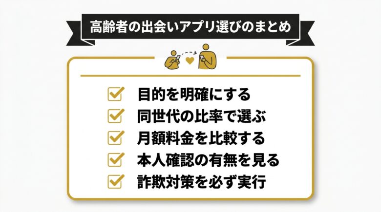 高齢者の出会いアプリ選びのまとめのチェックリスト図解