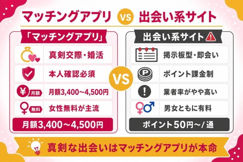 真面目な出会いアプリ・マッチングアプリと出会い系と結婚相談所アプリの違いを比較する図解