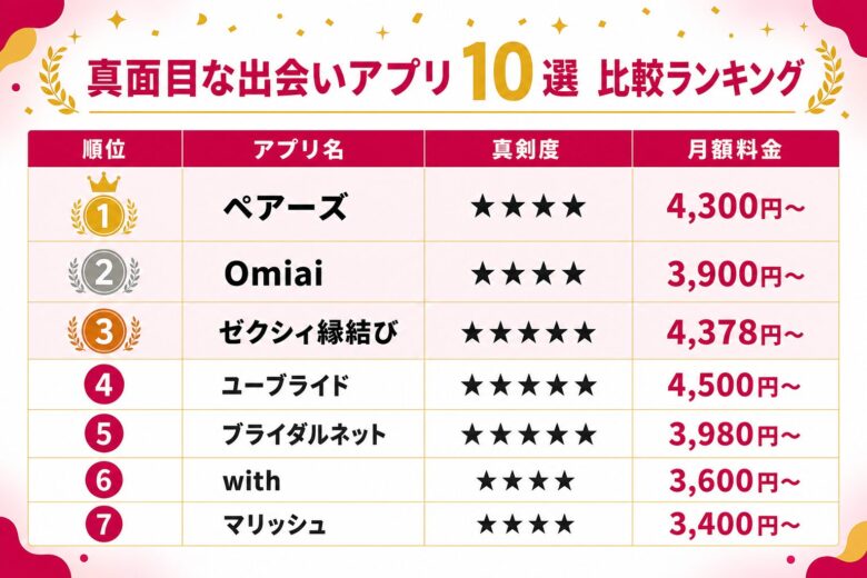 真面目な出会いアプリおすすめ10選のランキング比較ボード