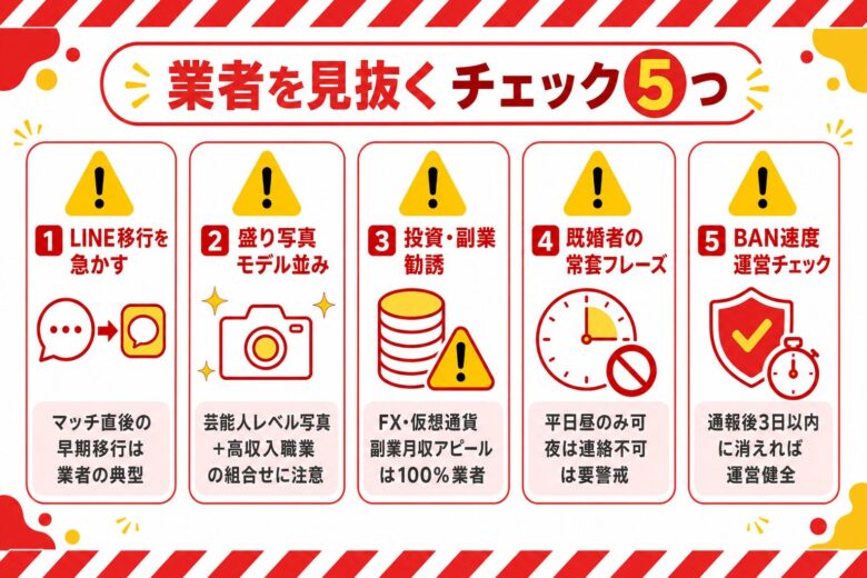 真面目な出会いアプリで業者・遊び目的を見抜く5つの警告サインを解説する図解