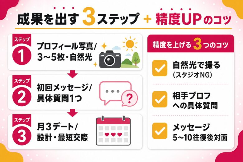 真面目な出会いアプリで成果を出す3つの実践テクニックを示すステップ図解