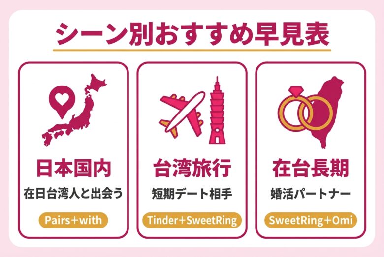 台湾出会いアプリのシーン別おすすめ早見表