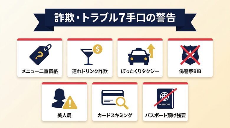 タイ風俗の詐欺・トラブル7手口 警告アイコングリッド