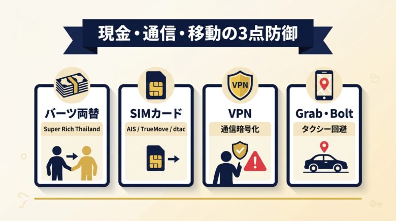 タイ風俗で現金・通信を守る実務 両替・VPN・Grab活用