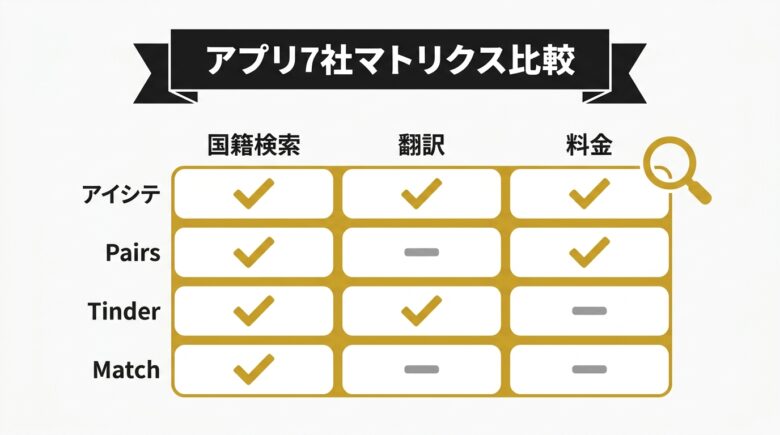 ベトナム人と出会えるアプリ7選の比較マトリクス図解