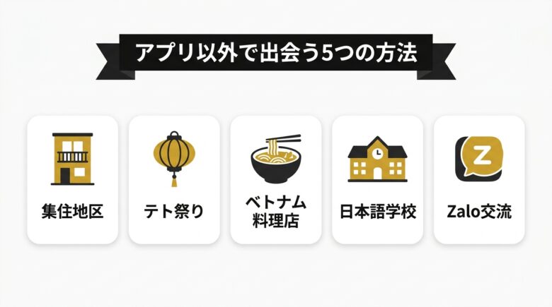 アプリ以外でベトナム人と出会う方法5つを示す図解