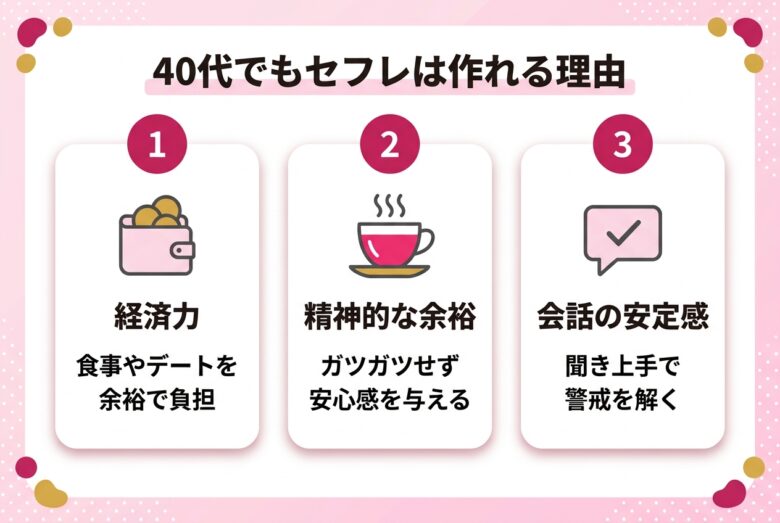 40代がセフレ作りで有利になる経済力・余裕・落ち着きの3つの武器を示した図解