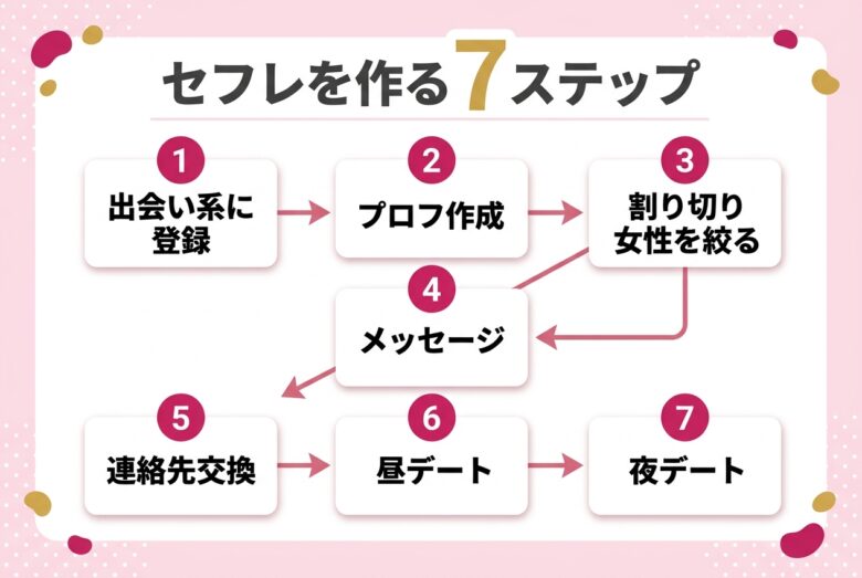 40代がセフレを作るための登録から関係構築までの7ステップのフロー図