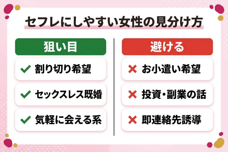 出会い系プロフィールの隠語と本音を対比したセフレになりやすい女性の見分け方の図解