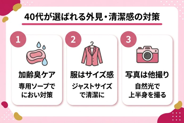 40代男性が清潔感で選ばれるための加齢臭・服のサイズ感・写真のチェックリスト図解