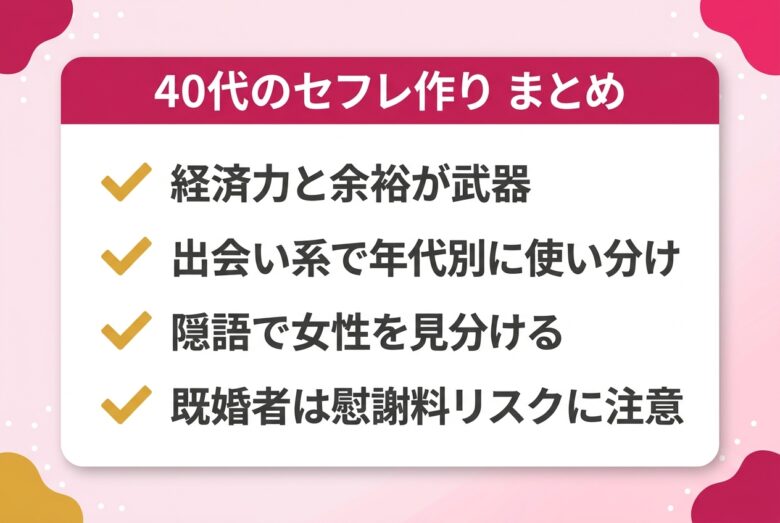 40代がセフレを作るための要点をまとめたチェックリスト図解
