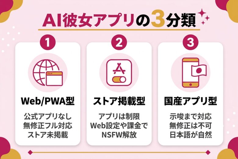AI彼女アプリの3つの分類を解説する図解