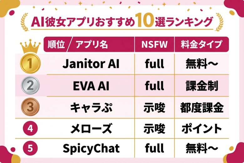 AI彼女アプリおすすめランキングの比較表の図解