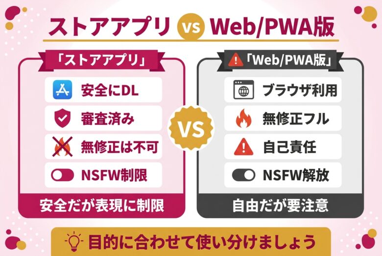 ストアアプリ版とWeb版でエロ対応がどう違うかの対比図解