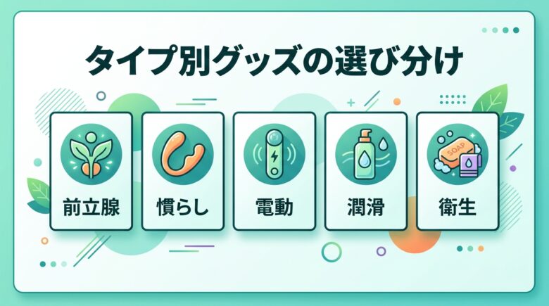 アナル開発グッズのタイプ別分類(前立腺・慣らし・電動・潤滑・衛生)の図解