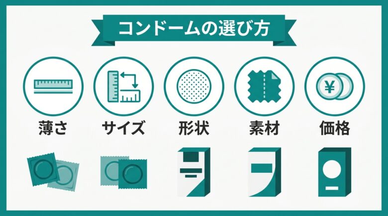 コンドームの選び方5つの基準(薄さ・サイズ・形状・素材・価格)の比較図