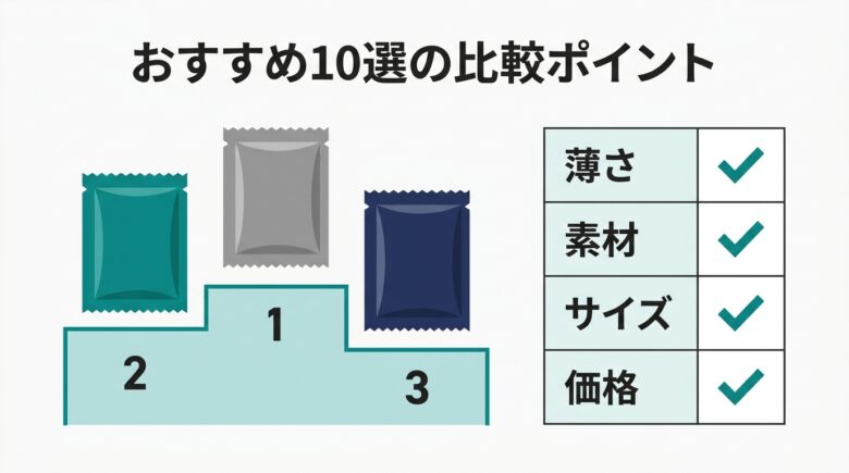 コンドームおすすめ10選の比較ポイント(ブランド・薄さ・素材)の図解
